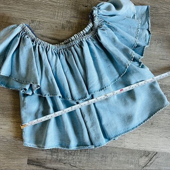 Zara Premium Denim Crop Off Shoulder Ruffle Top - Picture 4 of 6